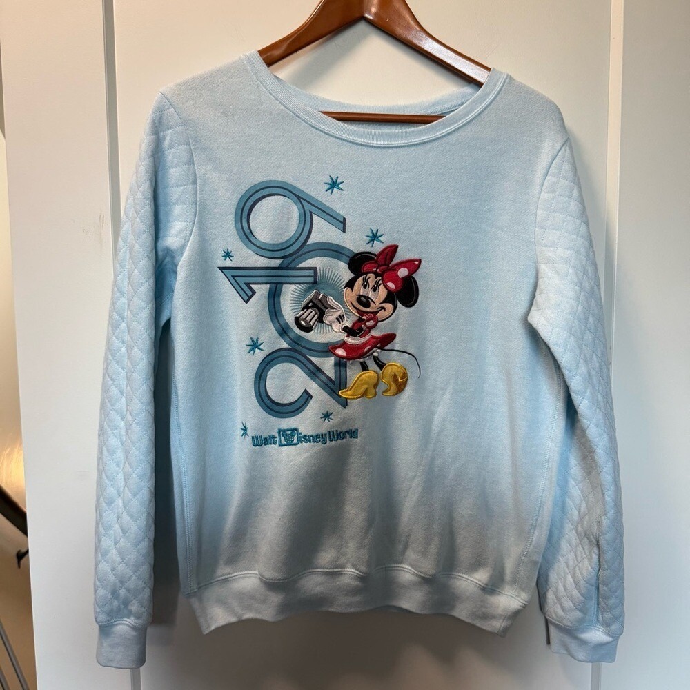 Walt Disney World 2019 Quilted Crewneck Baby Blue Graphic Character Long Sleeve